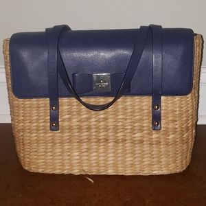 Kate Spade straw bag, navy leather bow flap
